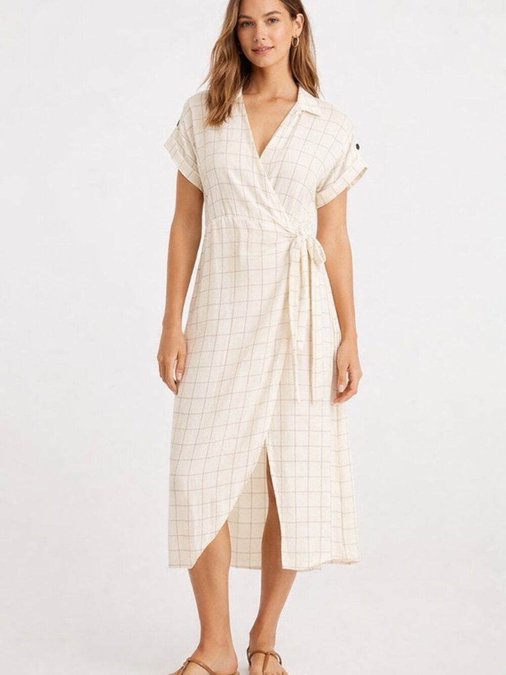 Zara Wrap Midi Dress Grid Print Cream 99% Cotton 1% Elastane Size S (MEX 26)